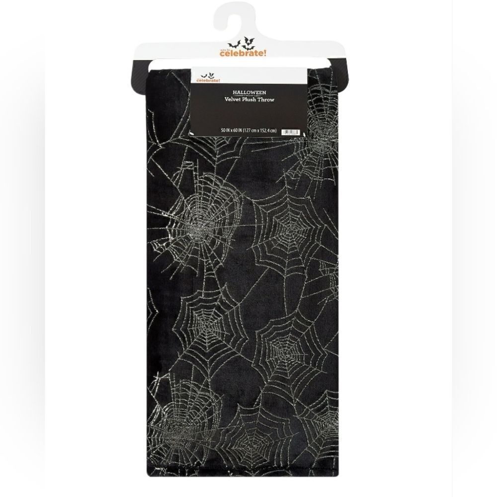 Halloween velvet plush throw blanket- Black w Silver Metallic Spiderwebs- 50x60